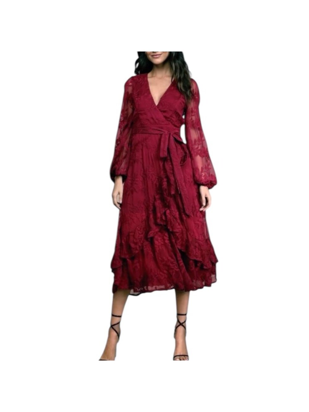 Lulus Women's Spectacular Feeling Burgundy Embroider Faux Wrap Midi Dress Size M